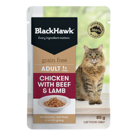 bhc504 black hawk grain free adult wet cat chicken with beef and lamb 85g 600x961px v2